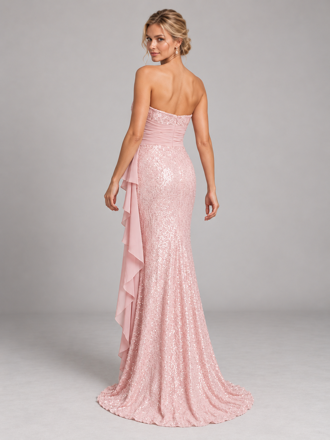 Strapless Sequin  Mermaid Prom Dresses with Ruffles & Chiffon Sash