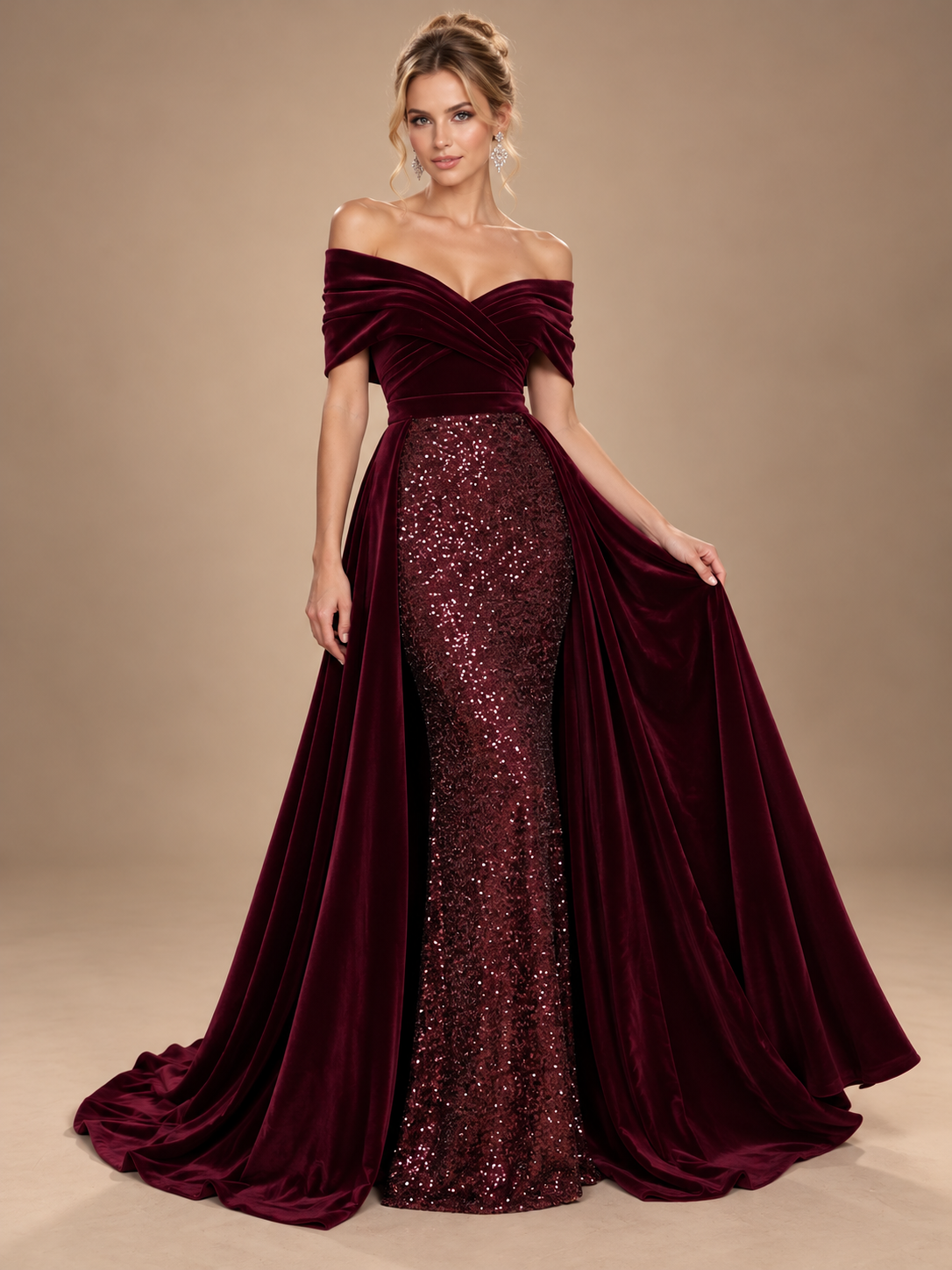 Off Shoulder Mermaid Prom Dresses for Women Velvet Floor-Length Evening Dress with Sequin & Sweep Train