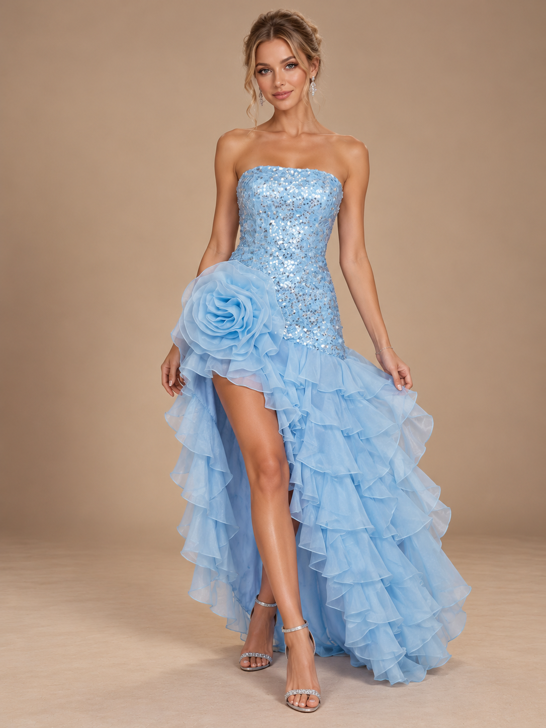 Strapless A-Line/Princess Tiered Cocktail Dresses for Women Sequin High-Low Formal Dress with Layers & Ruffles
