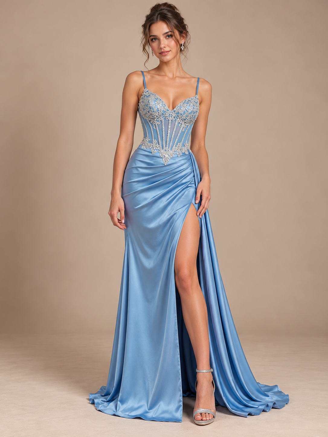 Satin Mermaid Prom Dresses Spaghetti Strap Corset Ruched Formal Dress with Slit & Lace Applique