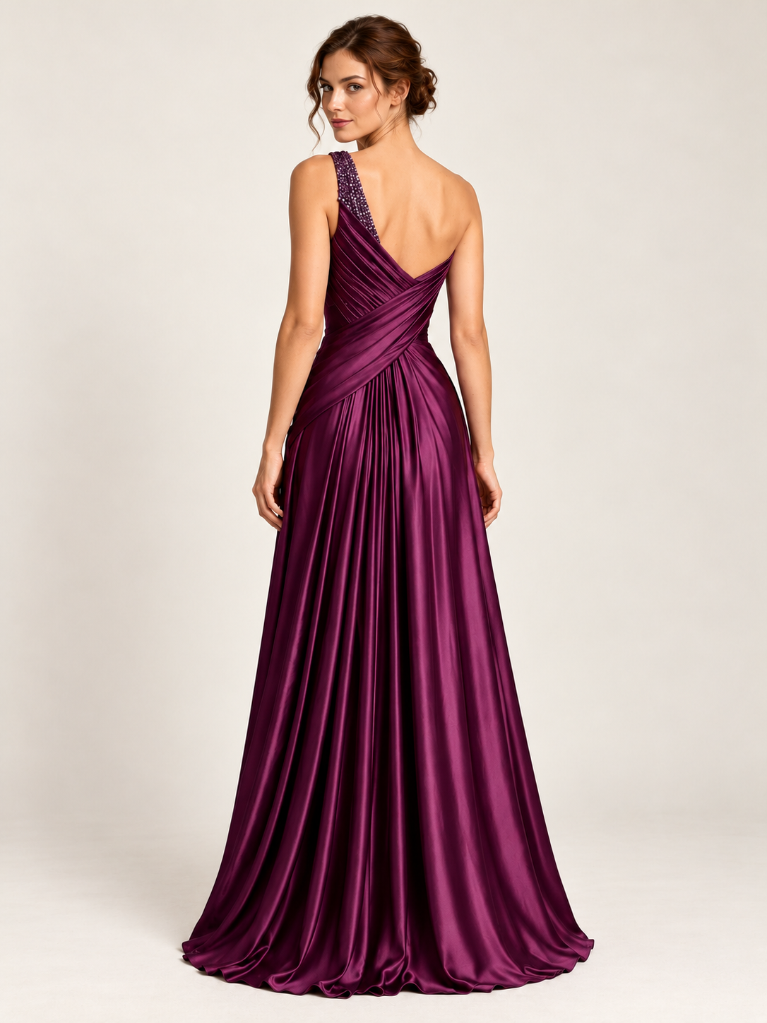 One Shoulder Satin Pleated A Line Formal Dresses with Beaded