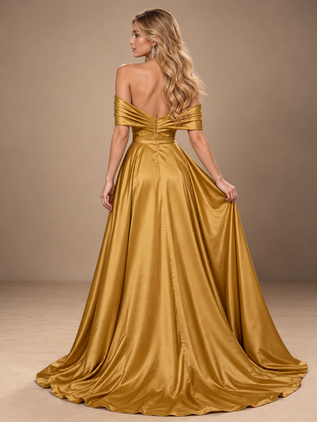 Off Shoulder Mermaid Prom Dresses for Women Satin Floor-Length Formal Dress with Sequin & Sweep Train
