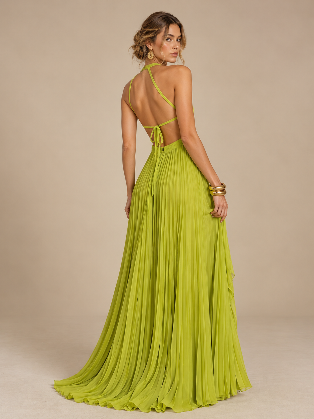 Halter Chiffon A Line Open Back Formal Dresses with Pleated & Slit