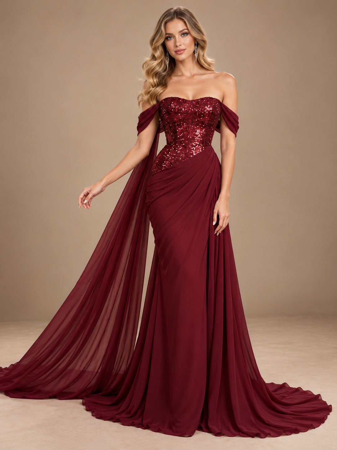 Off Shoulder Chiffon Prom Dresses for Women Mermaid Sweetheart Evening Dress with Ruched Waist,&Sweep Train