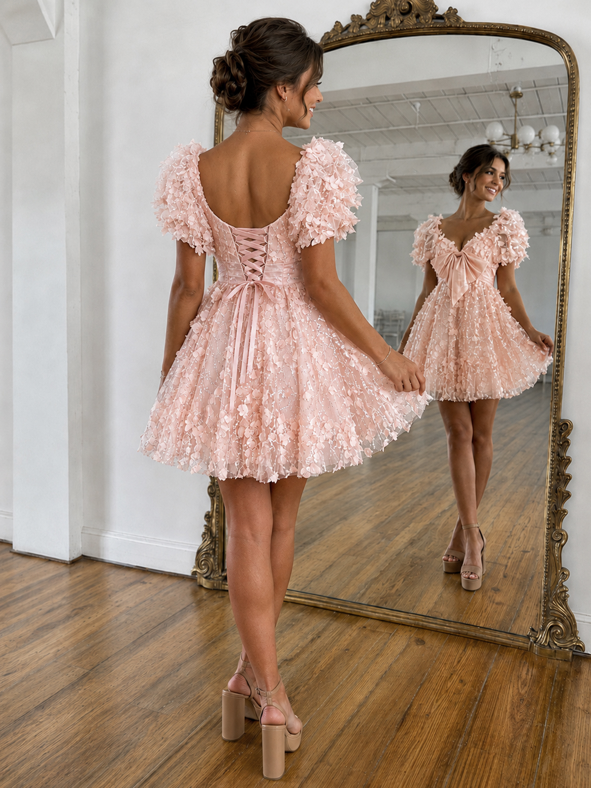 Sparkly Tulle Corset Homecoming Dresses for Teens 3D Butterfly Floral Applique V Neck Puffy A Line Mini Party Dress with Big Front Bow