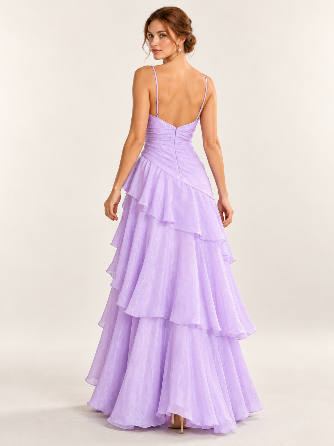 Spaghetti Strap Ruched Tiered Sparkly Chiffon A Line Formal Dresses with Ruffles