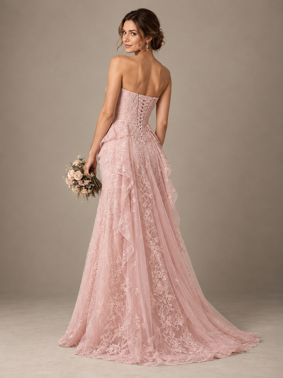 Strapless Tulle Mermaid Square Neck Prom Dresses with Lace Applique, & Ruffles