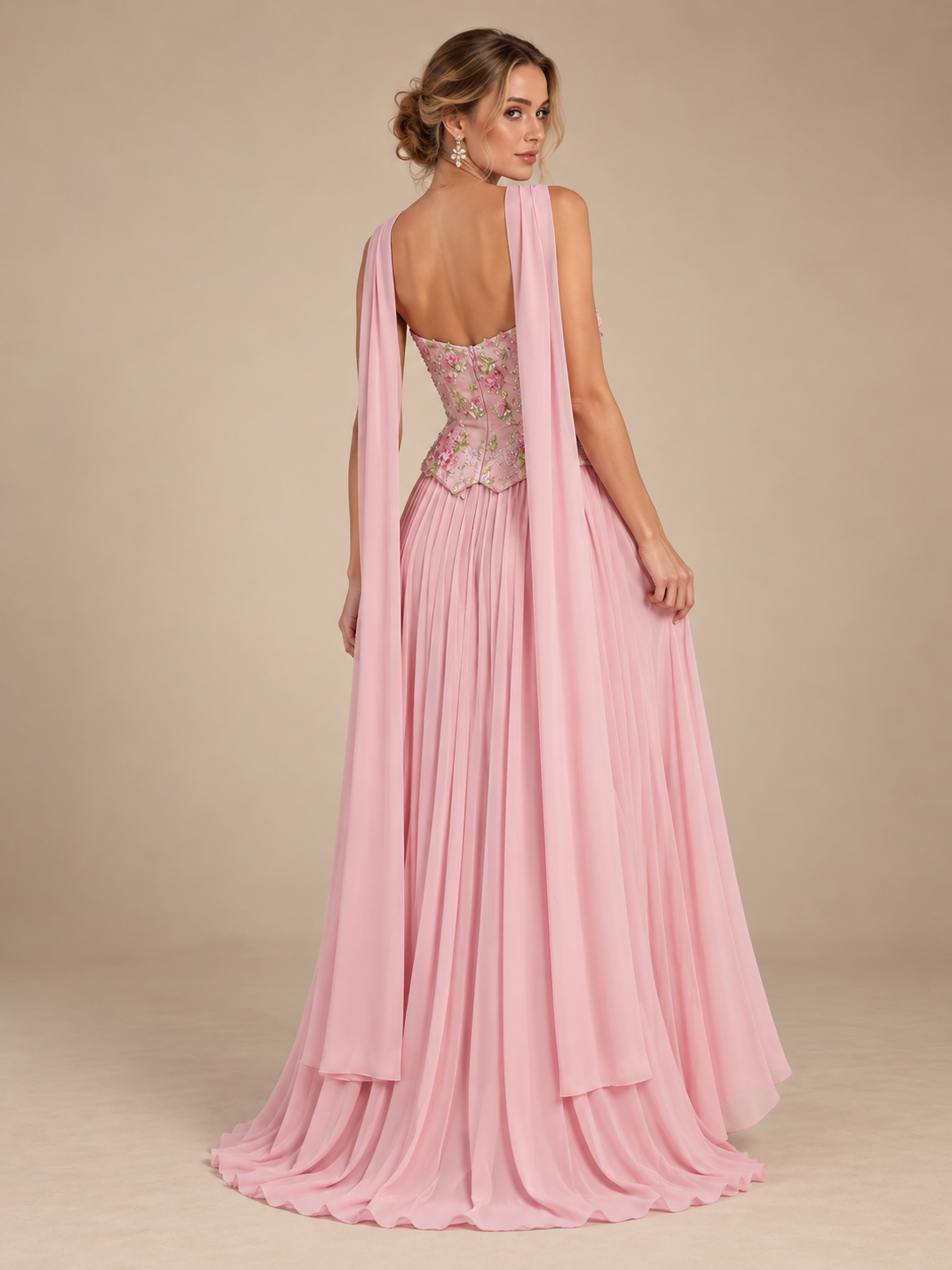 Strapless Chiffon A Line Sweetheart Formal Dresses with Flowers Lace Applique & Scarf