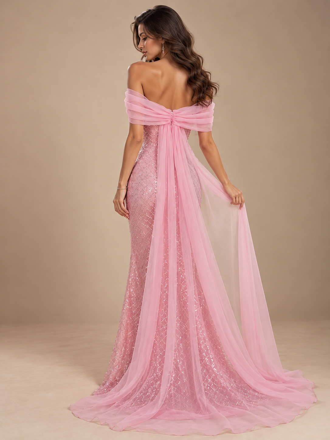 Sequin Mermaid/Trumpet Off Shoulder Prom Dresses Sparkly Tulle Ball Gown with Sweep Train