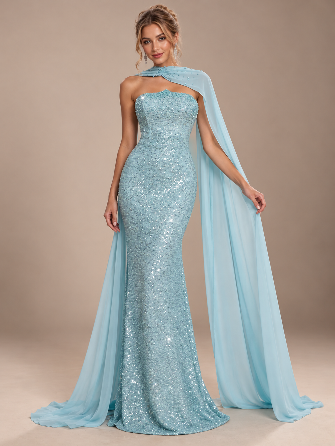 Sequin Mermaid/Trumpet Strapless Prom Dresses for Women with with Scarf