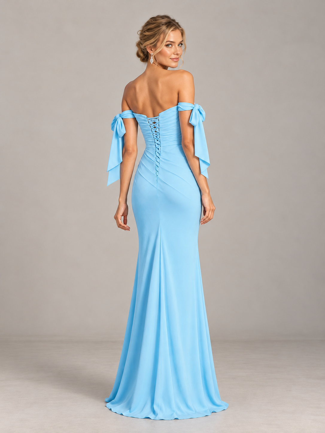 Off the Shoulder Satin Mermaid Formal Dresses Sweetheart Maxi Dress with Ruched Waist & Slit