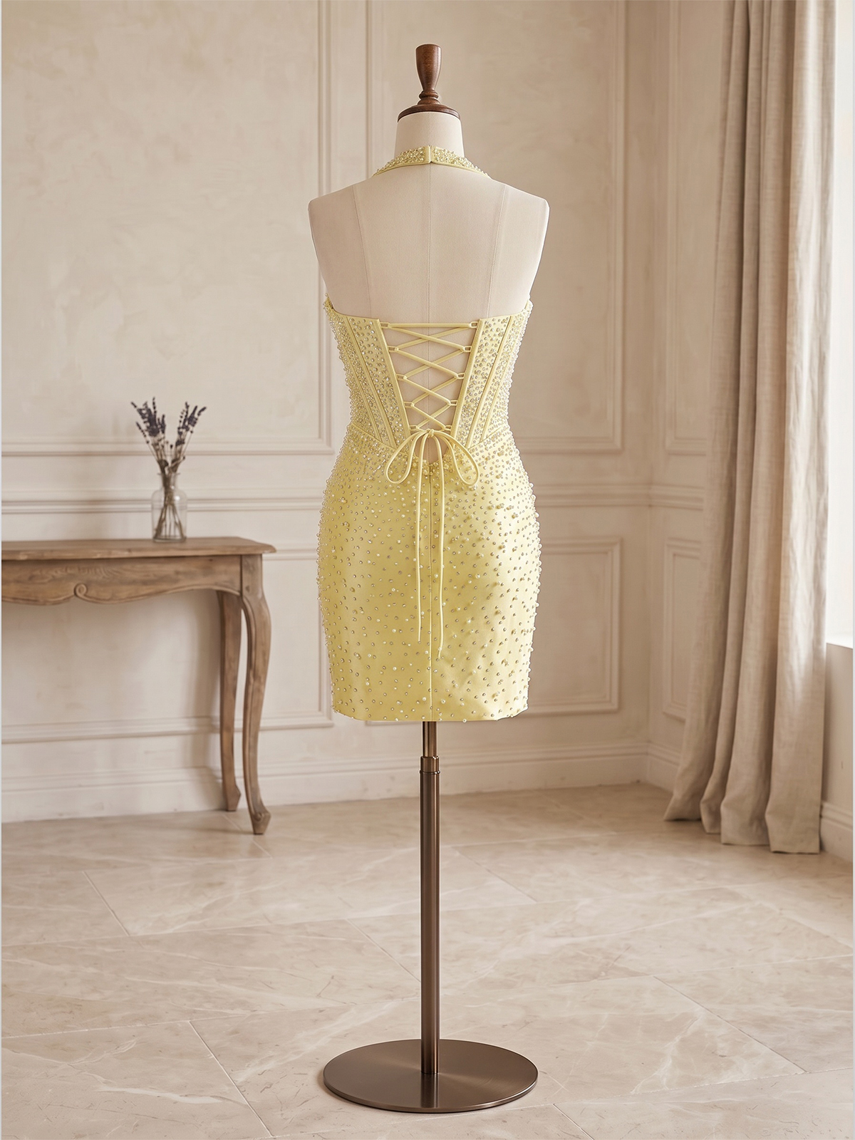 Halter Satin Homecoming Dresses for Teens Short Sparkly Pearl Prom Dress Beaded Corset Mini Cocktail Party Gowns