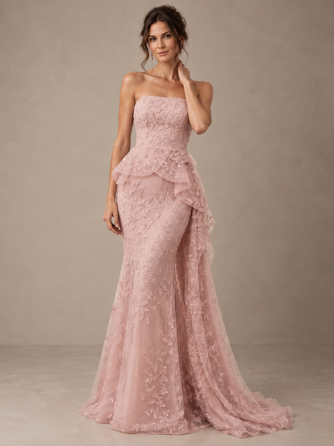 Strapless Tulle Mermaid Square Neck Prom Dresses with Lace Applique, & Ruffles
