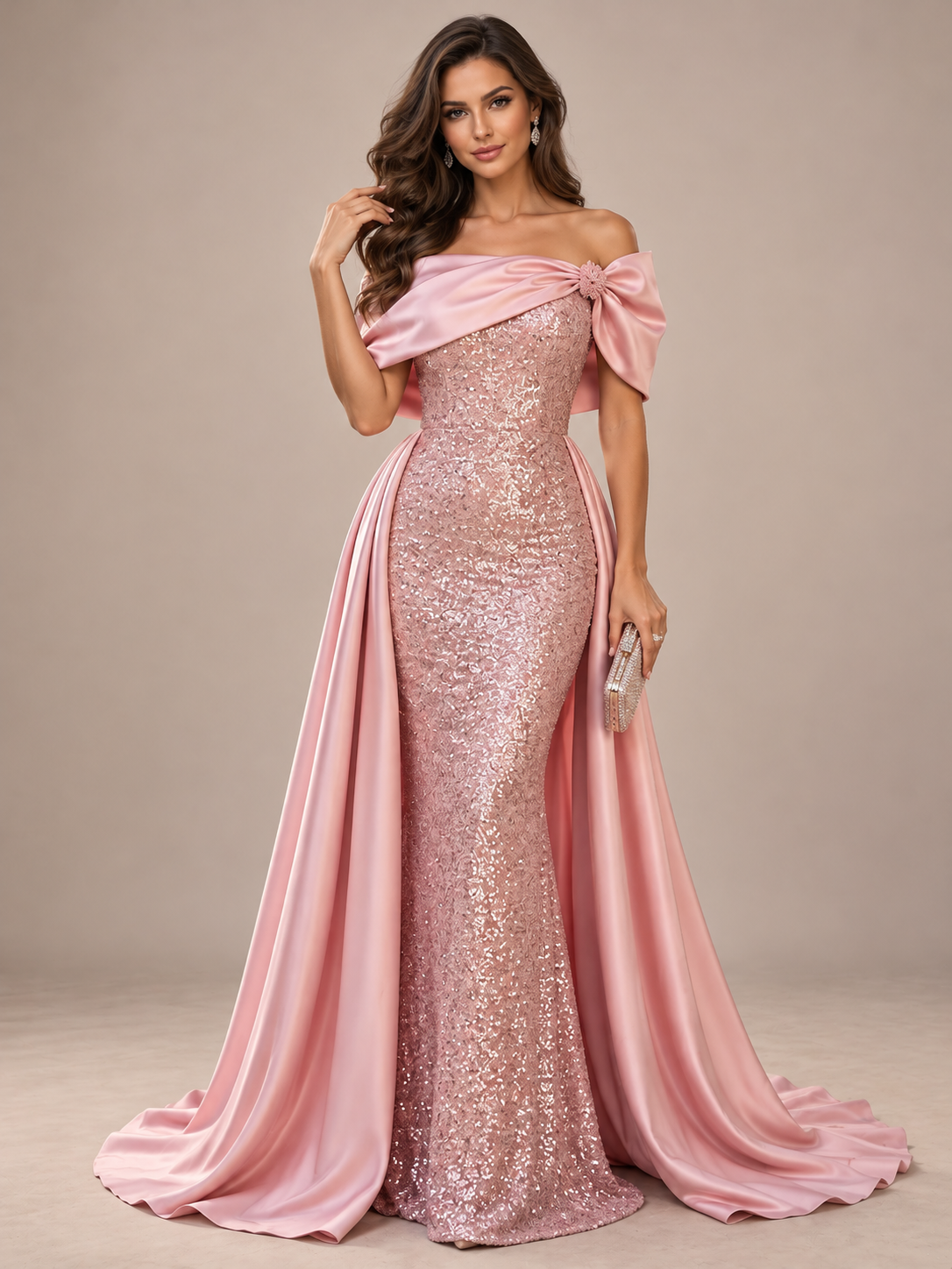 Off Shoulder Sequin Mermaid Prom Dresses Sparkly Satin Formal Dress with Sweep Train