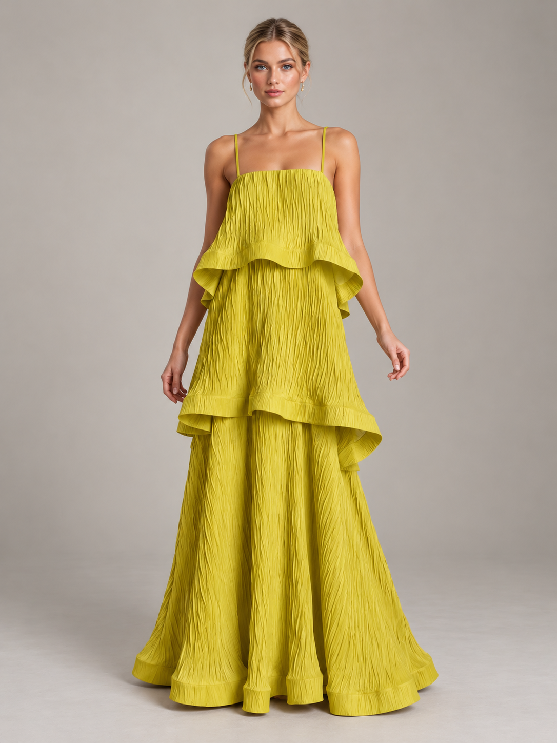Spaghetti Strap Satin Square Neck Formal Dresses Tiered Ruffle A-Line Backless Maxi Dress with Pleated