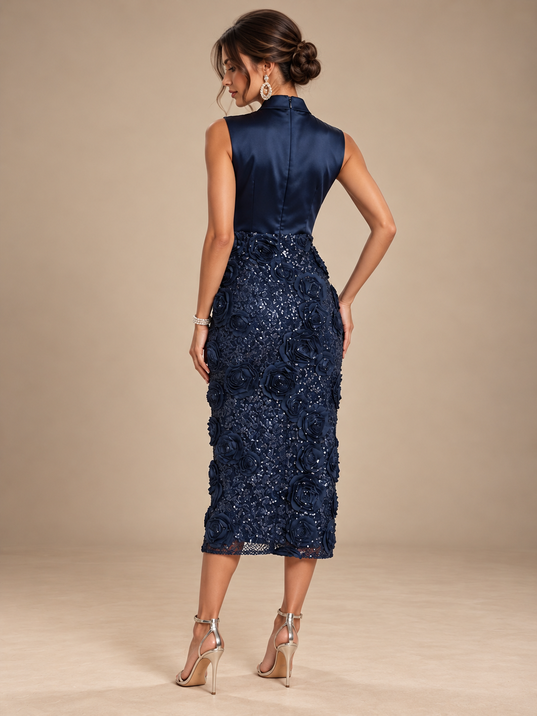 Sheath/Column V-Neck Sequin Tea-Length Cocktail Dresses with 3D Flowers