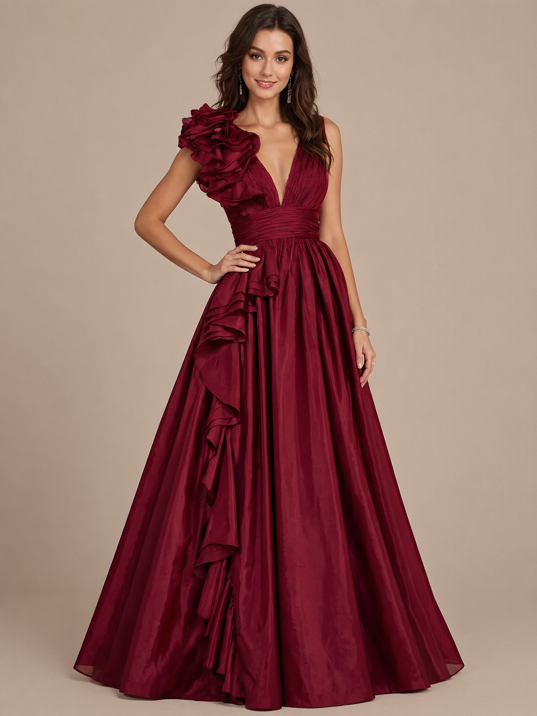 A-Line/Princess Prom Dresses V-Neck Satin Formal Dress with Ruffles & Pleats