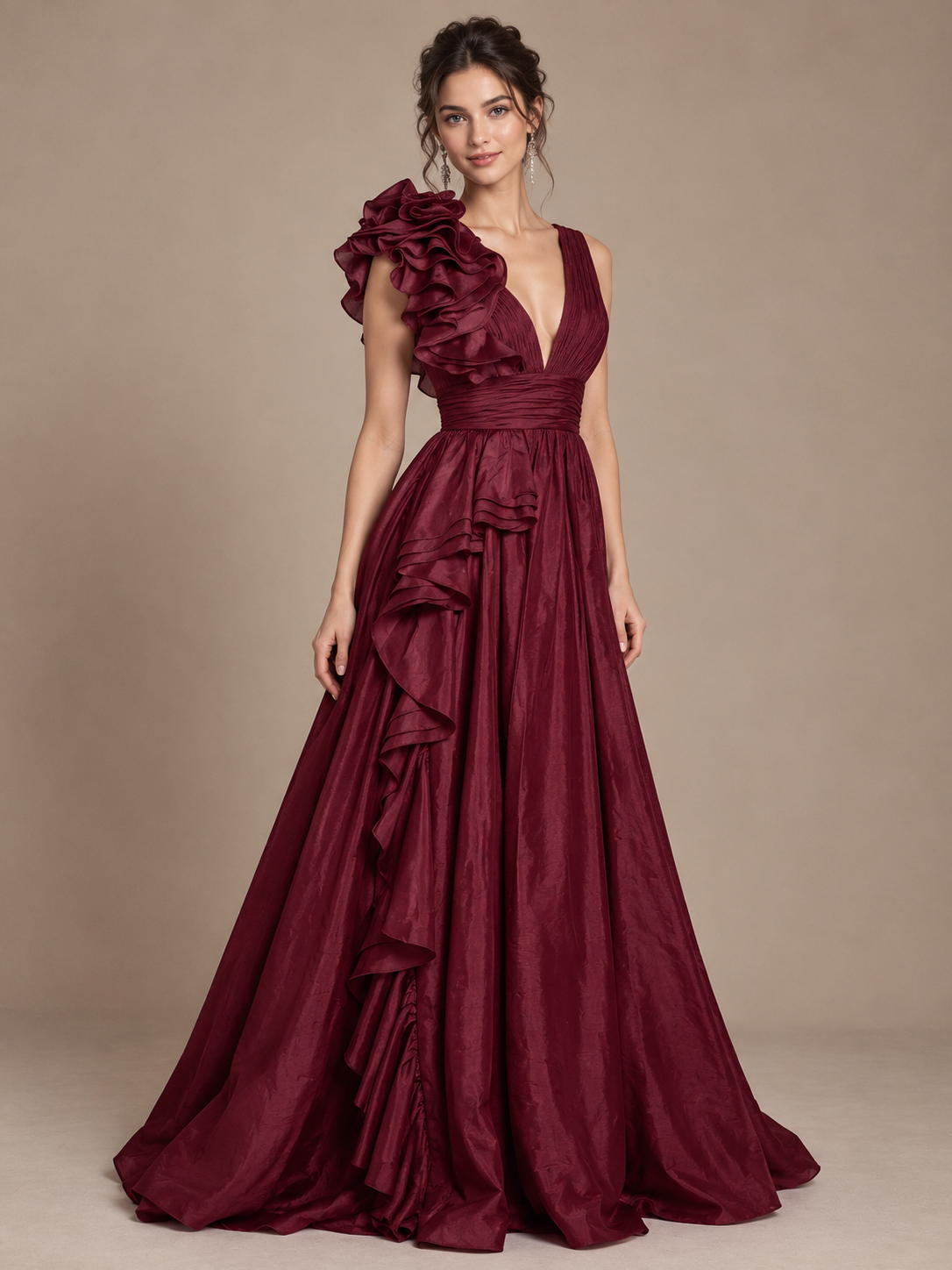 A-Line/Princess Prom Dresses V-Neck Satin Formal Dress with Ruffles & Pleats