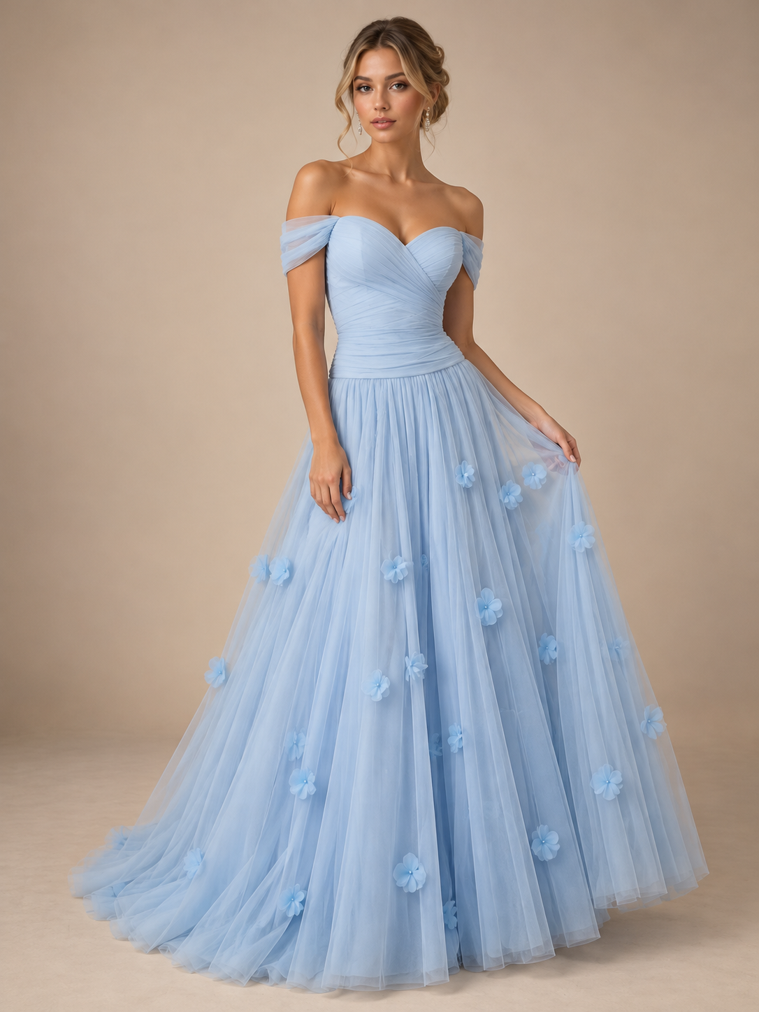 Off The Shoulder Tulle A Line Sweetheart Formal Dresses with 3D Flowers Applique & Ruched
