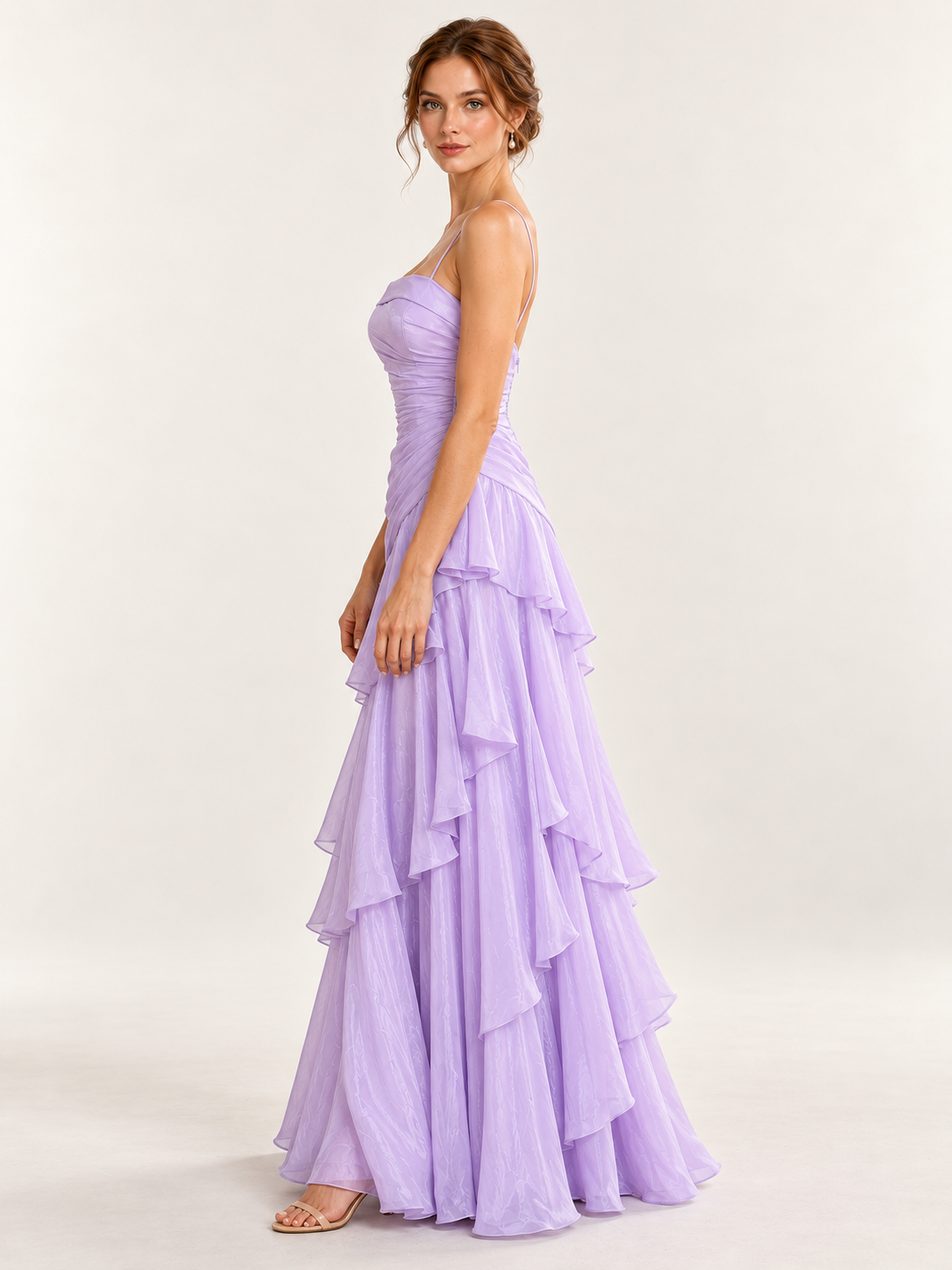 Spaghetti Strap Ruched Tiered Sparkly Chiffon A Line Formal Dresses with Ruffles
