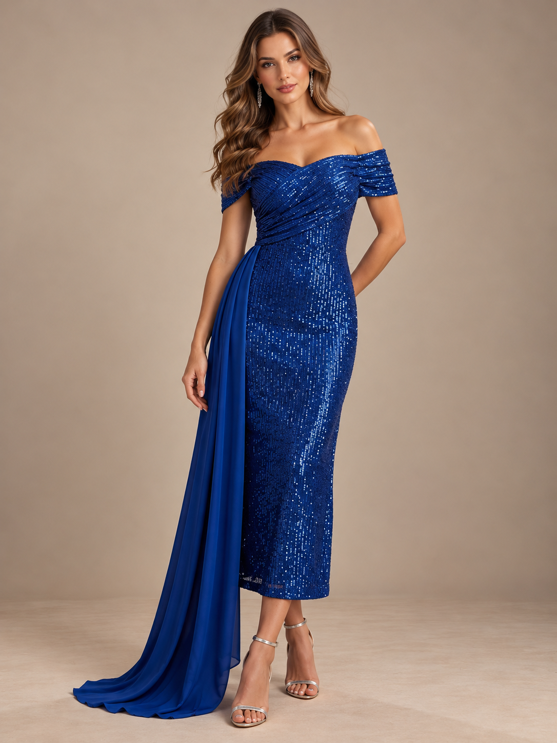 Sheath/Column Off Shoulder Sequin Midi Length Cocktail Dresses for Women with Side Sash