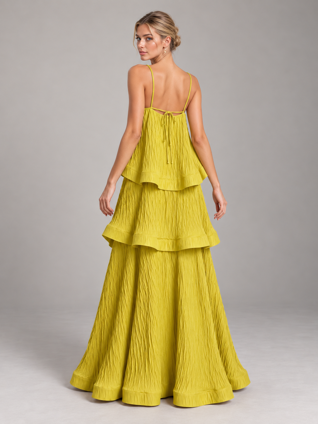 Spaghetti Strap Satin Square Neck Formal Dresses Tiered Ruffle A-Line Backless Maxi Dress with Pleated
