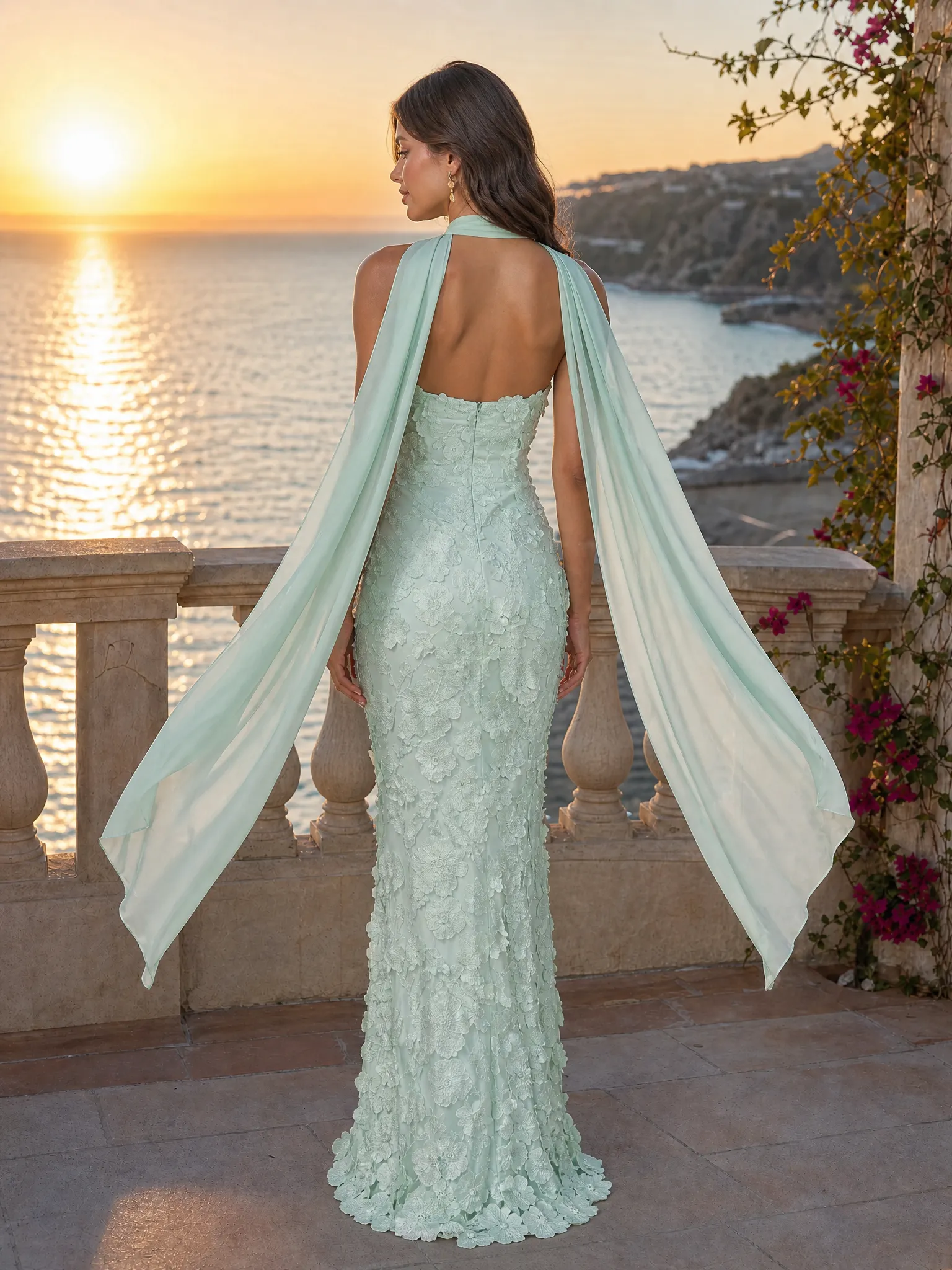 Strapless Chiffon Wedding Guest Dresses 3D Floral Lace Applique Prom Dress Mint Green Mermaid Long Formal Gowns With Sash