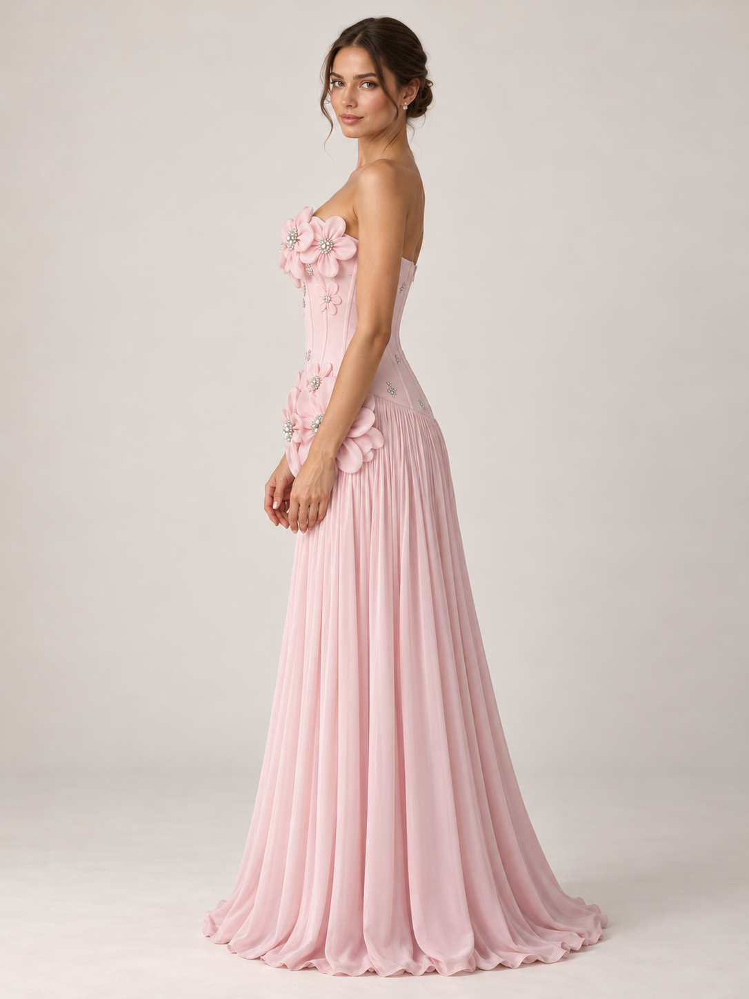 Strapless Chiffon Corset Pleated A Line Prom Dresses with 3D Floral Applique & Beaded