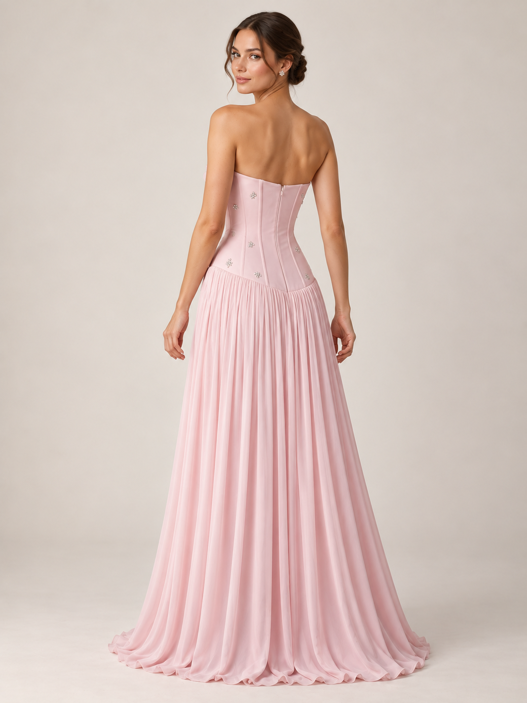 Strapless Chiffon Corset Pleated A Line Prom Dresses with 3D Floral Applique & Beaded