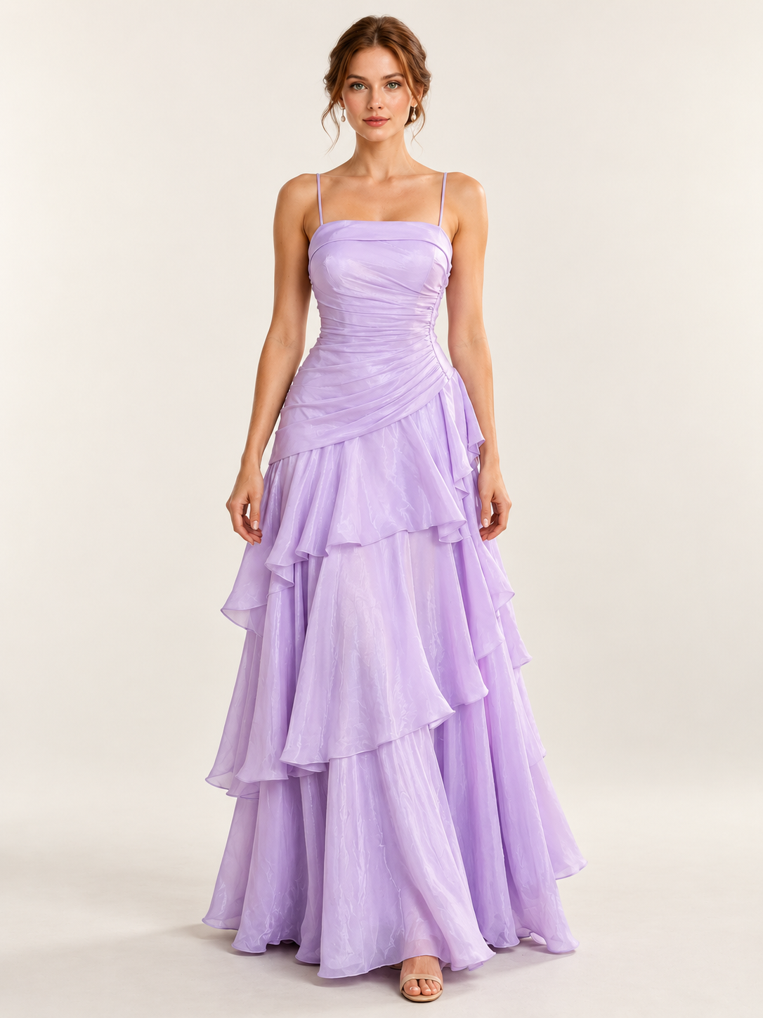 Spaghetti Strap Ruched Tiered Sparkly Chiffon A Line Formal Dresses with Ruffles
