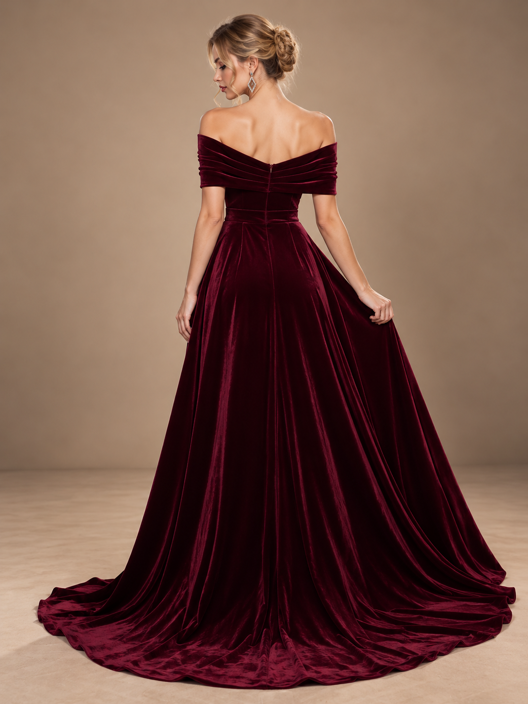Off Shoulder Mermaid Prom Dresses for Women Velvet Floor-Length Evening Dress with Sequin & Sweep Train