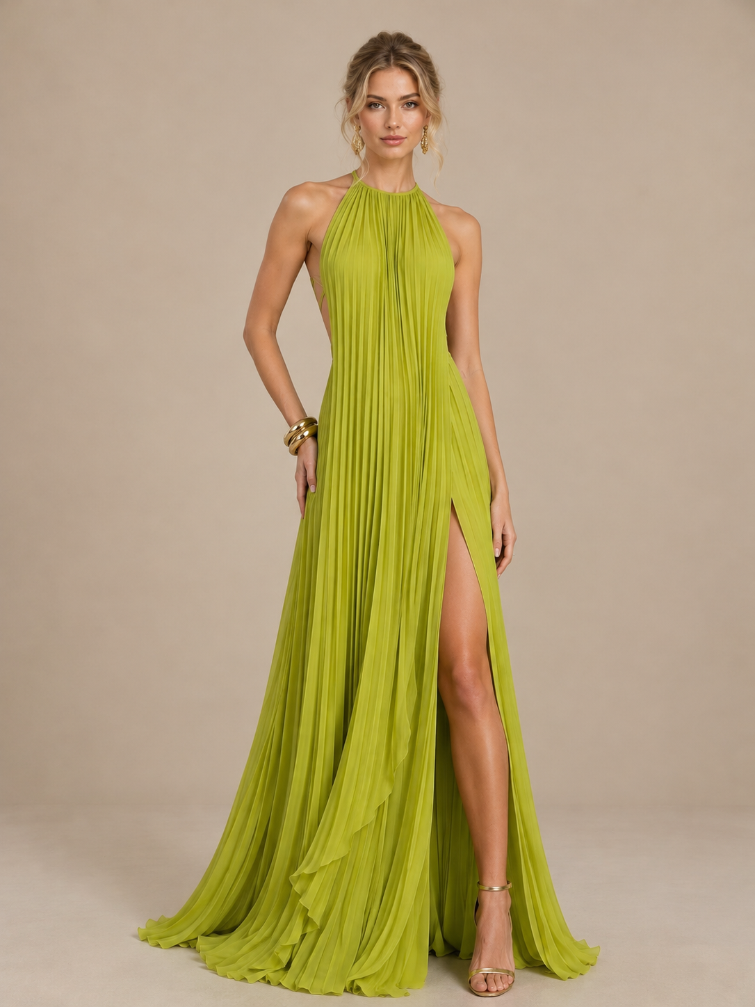 Halter Chiffon A Line Open Back Formal Dresses with Pleated & Slit