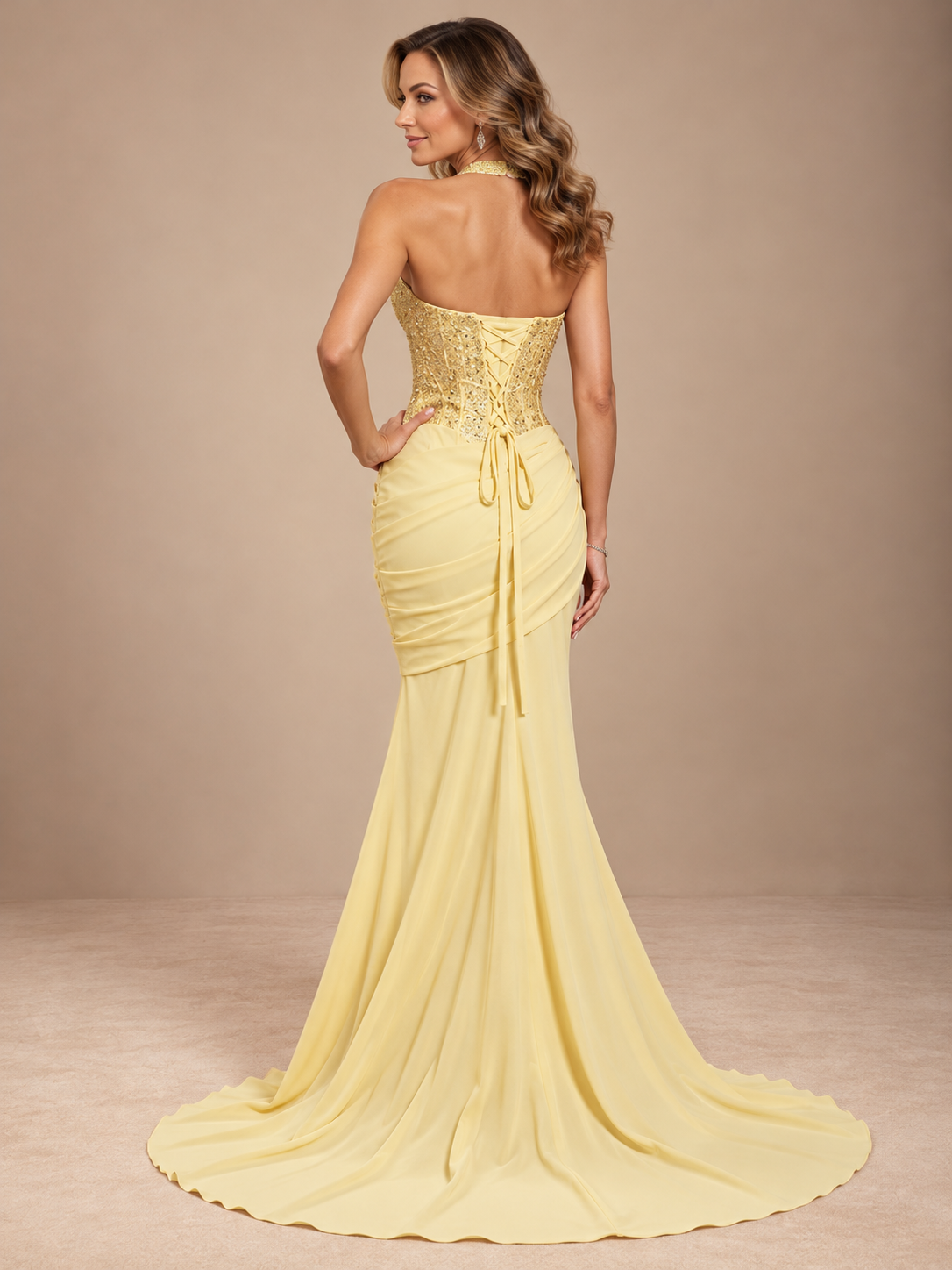 Satin Mermaid/Trumpet Halter Prom Dresses V Neck Ruched Formal Gowns with Sequin Bodice