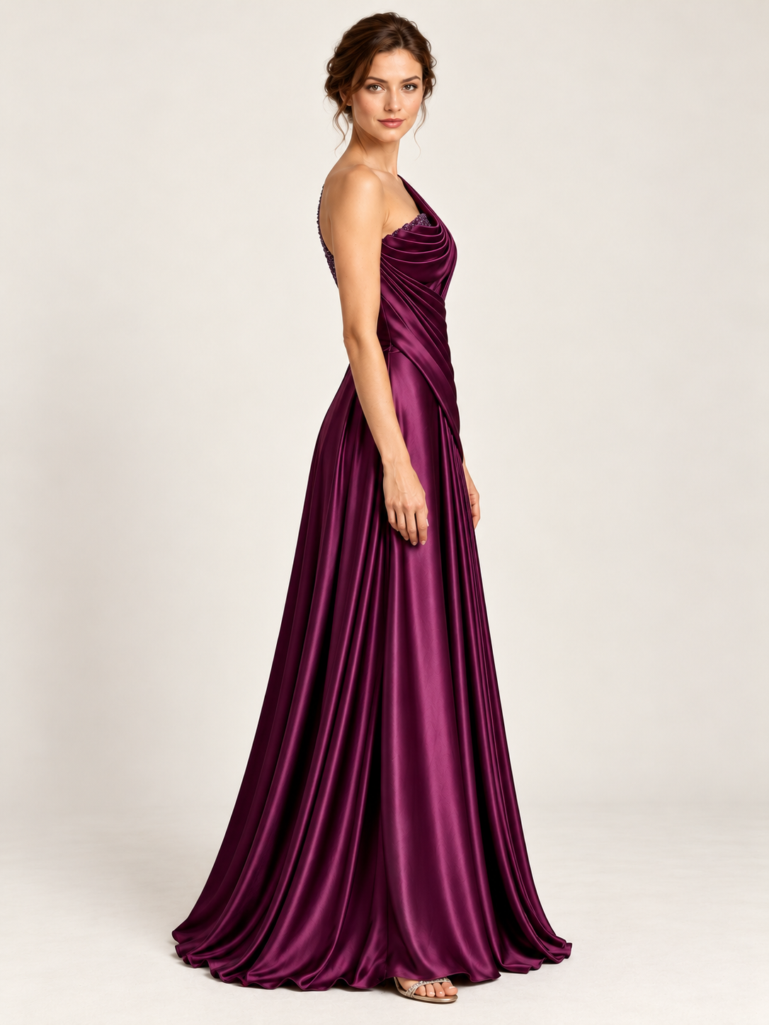 One Shoulder Satin Pleated A Line Formal Dresses with Beaded