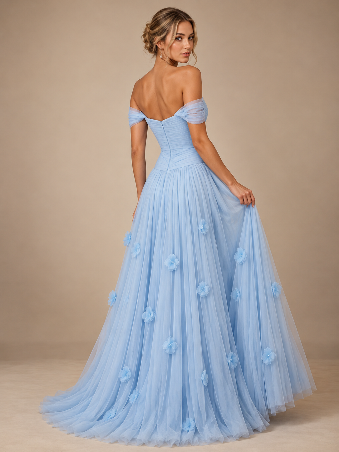 Off The Shoulder Tulle A Line Sweetheart Formal Dresses with 3D Flowers Applique & Ruched