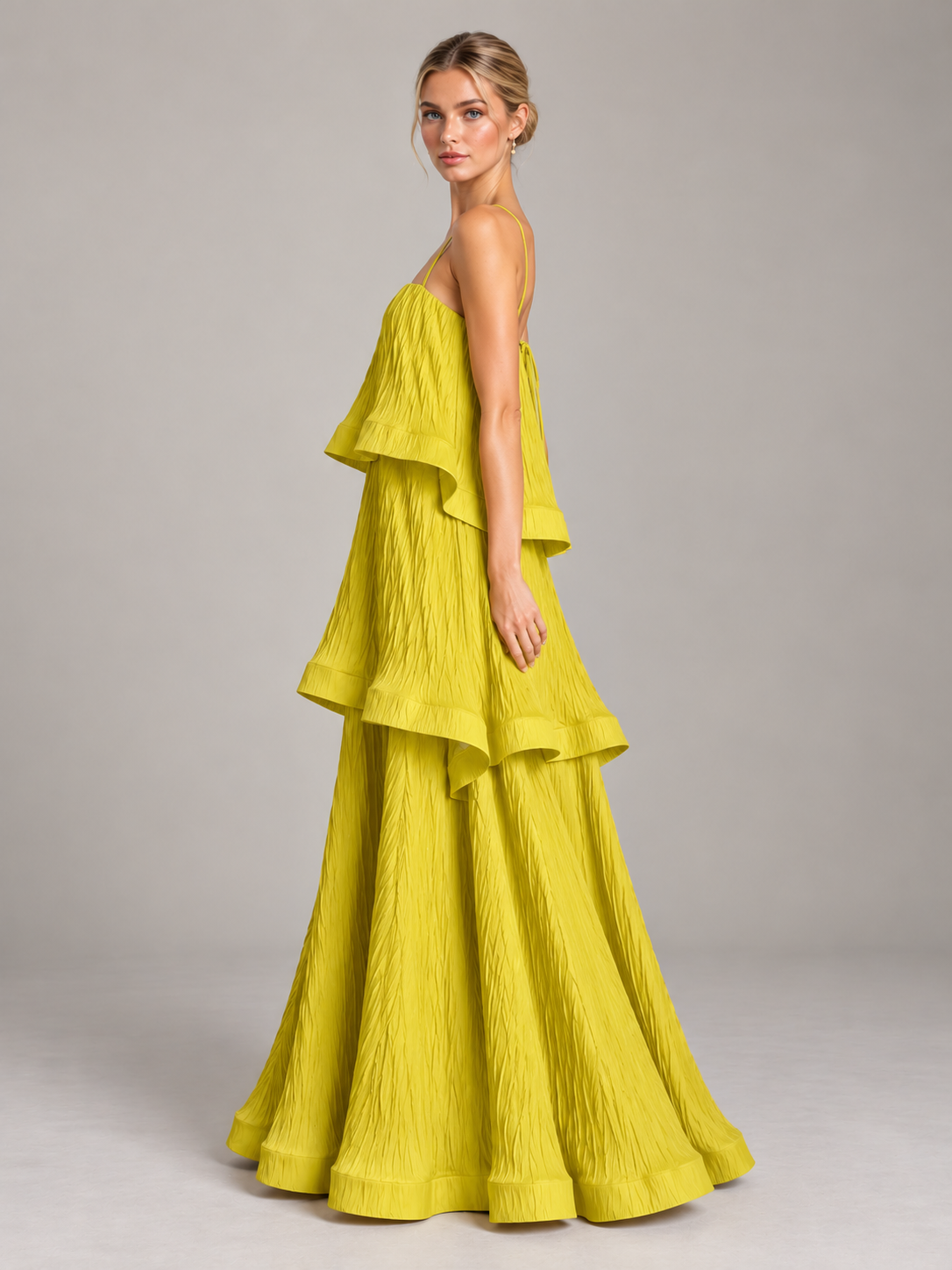 Spaghetti Strap Satin Square Neck Formal Dresses Tiered Ruffle A-Line Backless Maxi Dress with Pleated