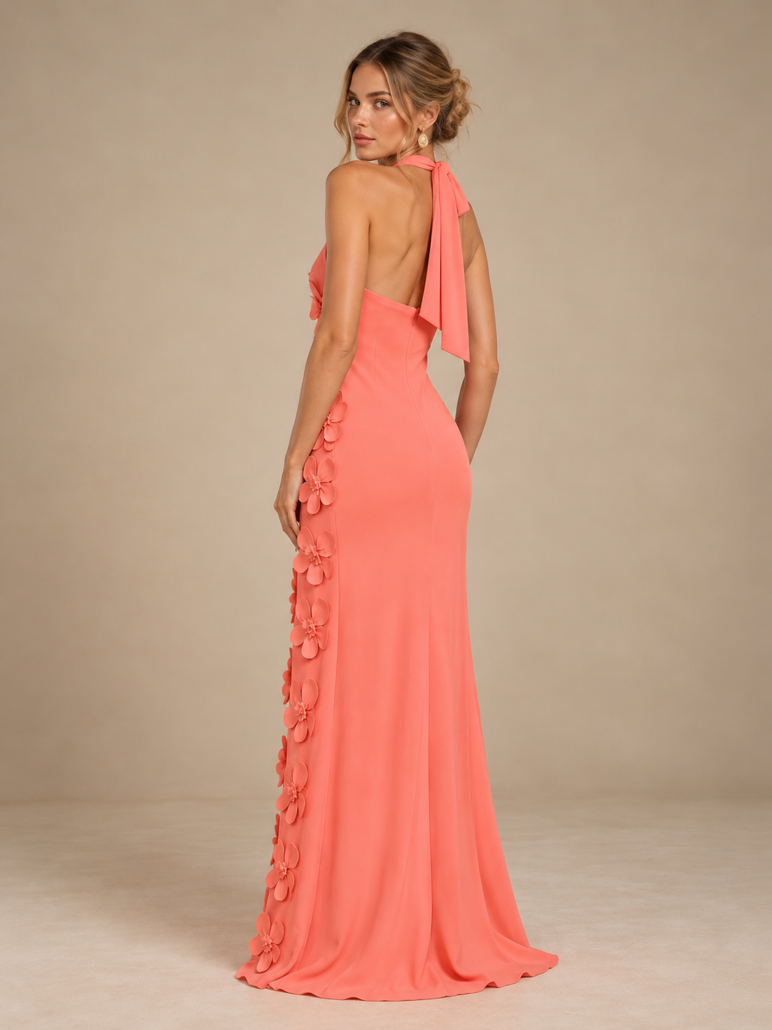 Halter Satin Sheath Floor Length Formal Dresses with 3D Flowers Applique