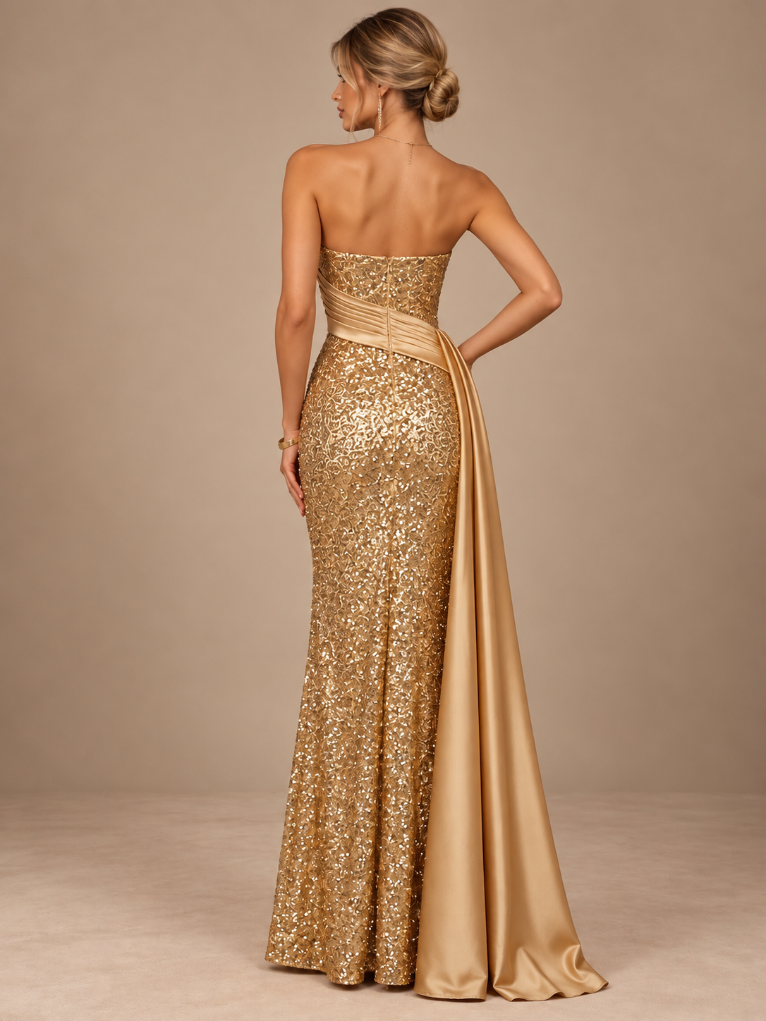 Strapless Sequin Prom Dresses Mermaid Floor Length Cocktail Dresses for Women with Ruched Satin Bodice
