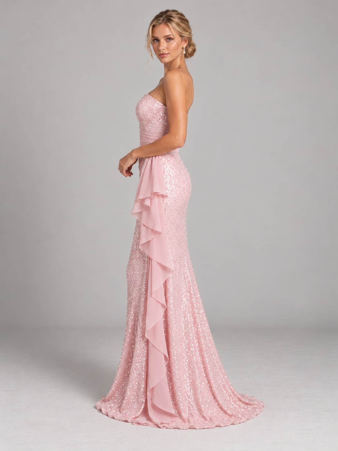 Strapless Sequin  Mermaid Prom Dresses with Ruffles & Chiffon Sash