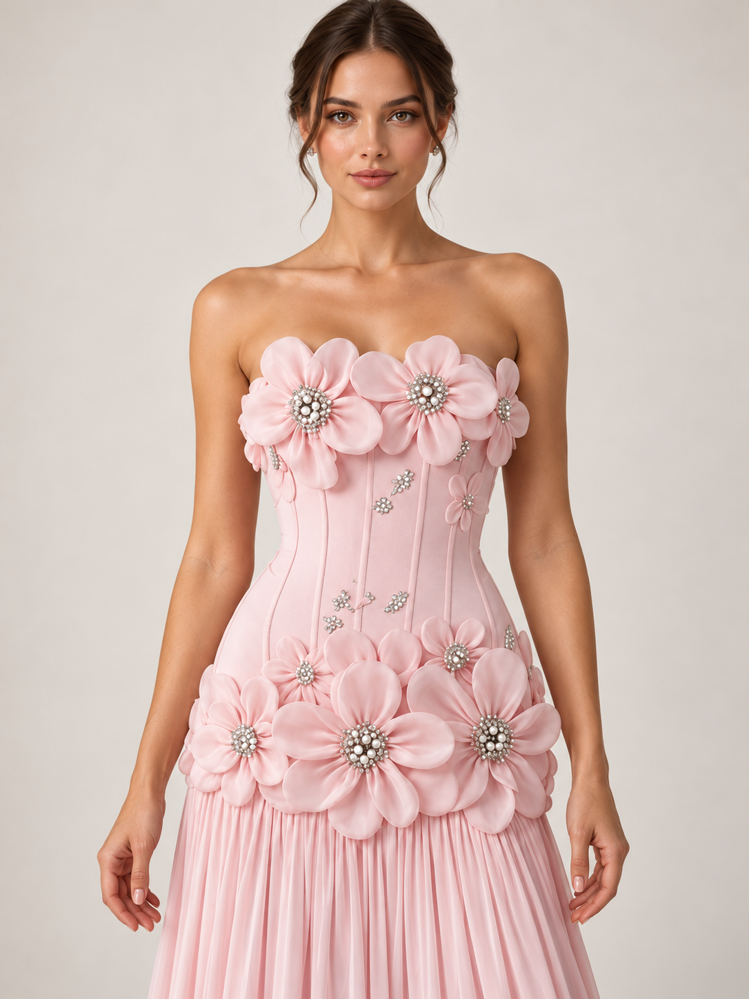 Strapless Chiffon Corset Pleated A Line Prom Dresses with 3D Floral Applique & Beaded