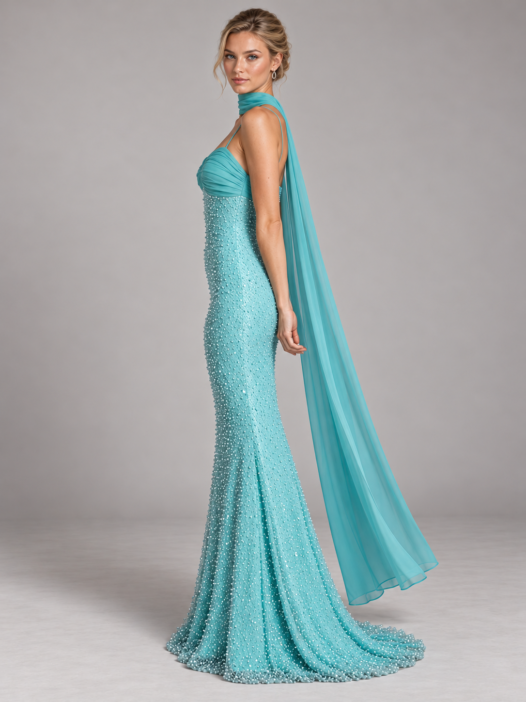 Pearl Beaded Satin Sweetheart Mermaid Prom Dresses with Ruched & Scarf
