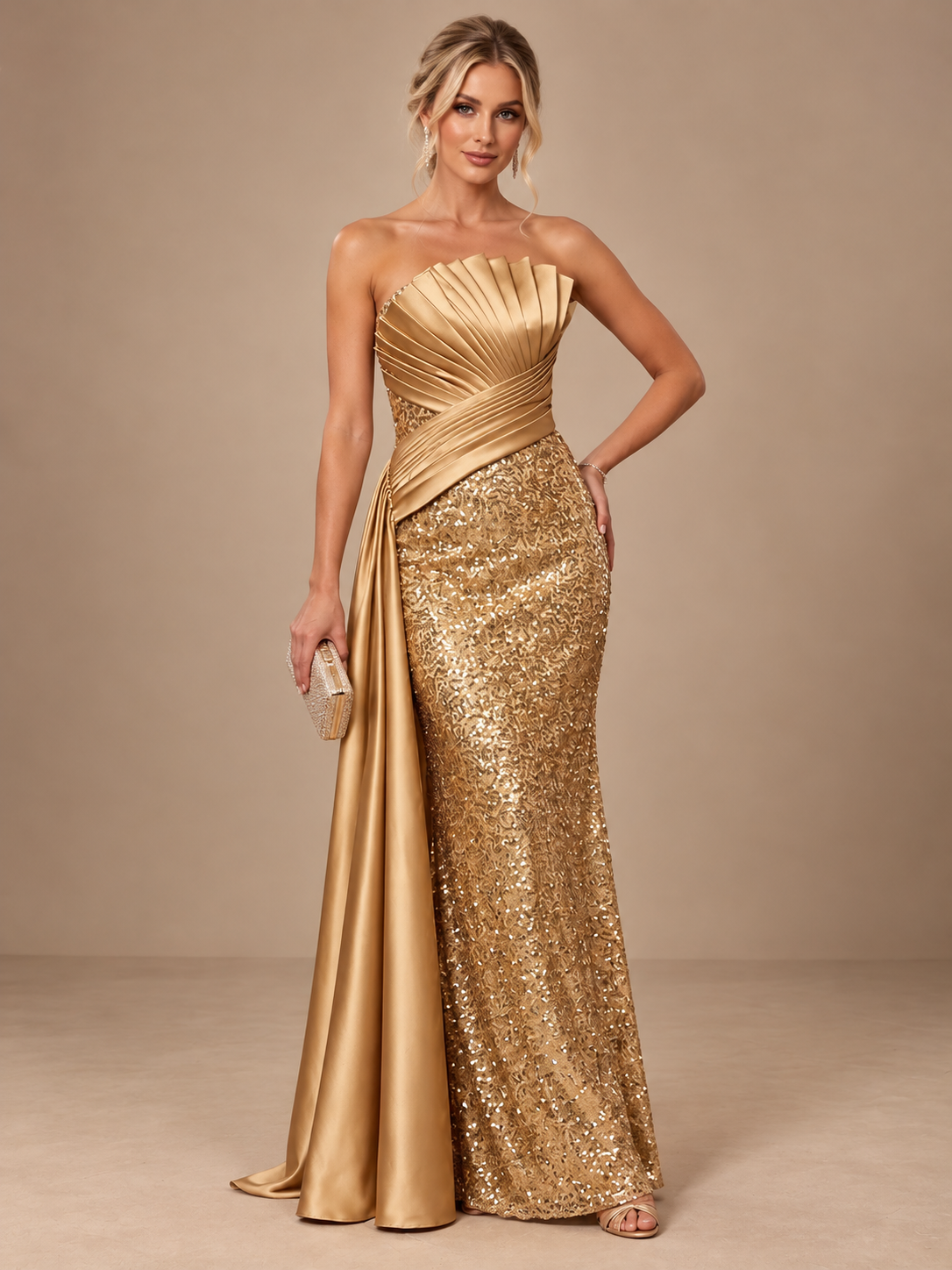 Strapless Sequin Prom Dresses Mermaid Floor Length Cocktail Dresses for Women with Ruched Satin Bodice