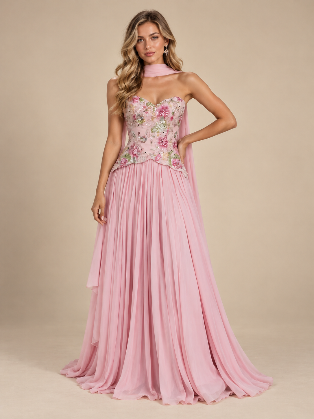 Strapless Chiffon A Line Sweetheart Formal Dresses with Flowers Lace Applique & Scarf