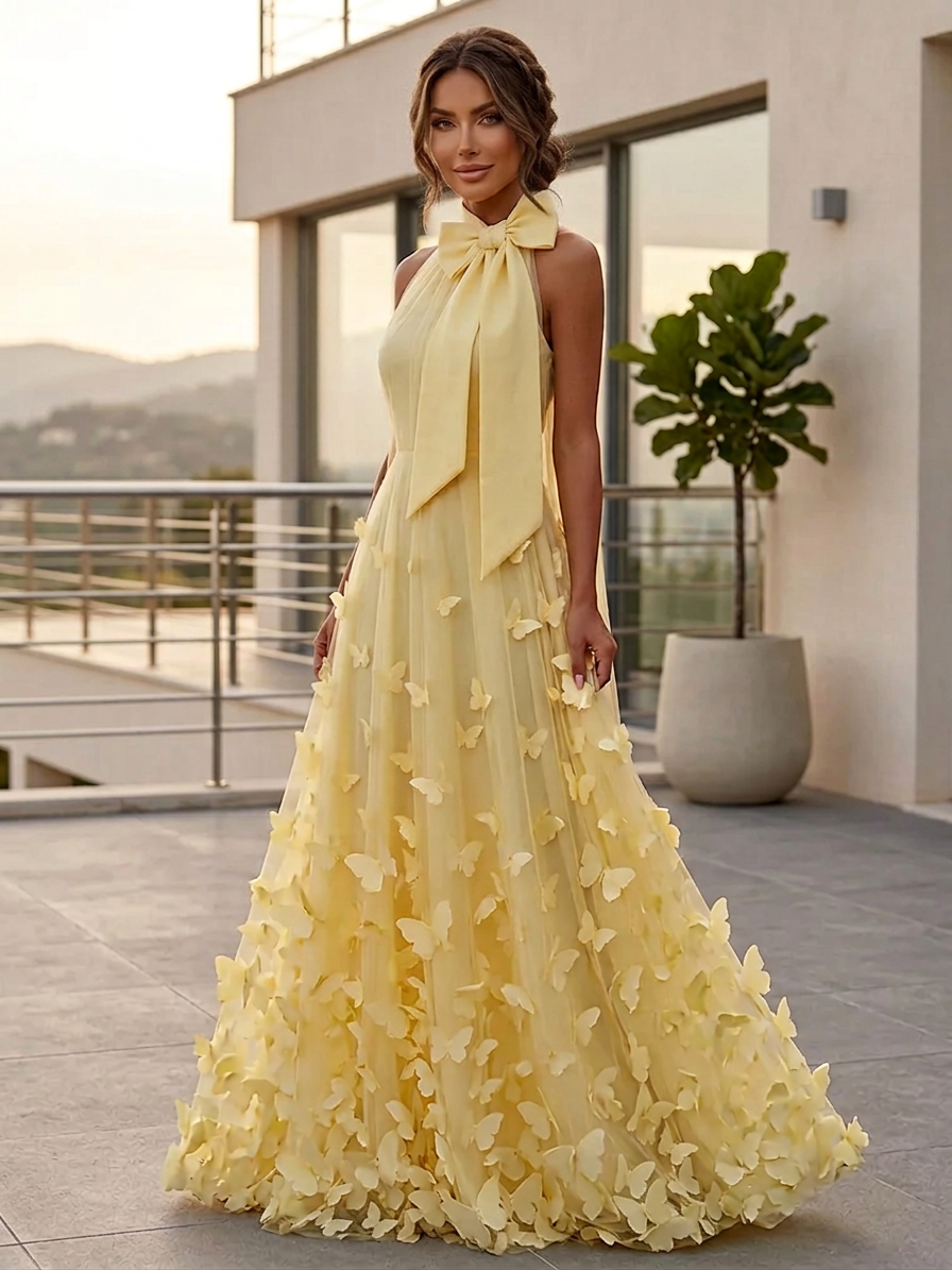 Halter Tulle Formal Dresses for Women 3D Butterfly Applique A-Line Floor Length Prom Evening Gown with Bow
