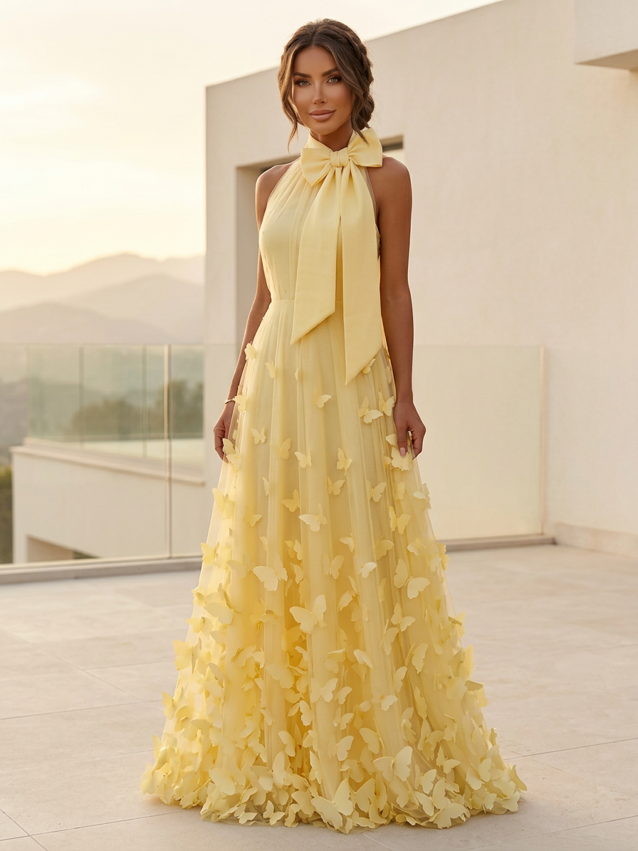 Halter Tulle Formal Dresses for Women 3D Butterfly Applique A-Line Floor Length Prom Evening Gown with Bow