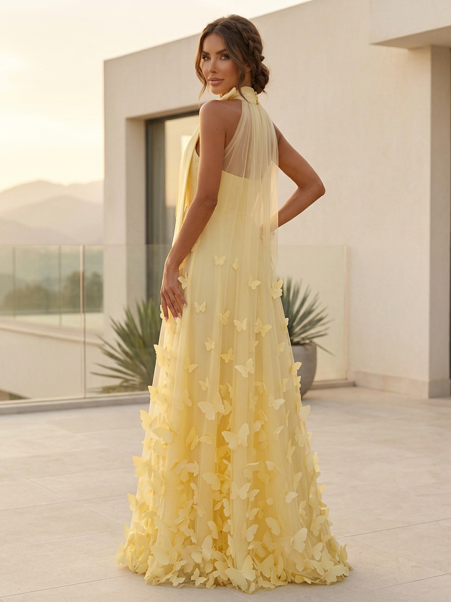Halter Tulle Formal Dresses for Women 3D Butterfly Applique A-Line Floor Length Prom Evening Gown with Bow