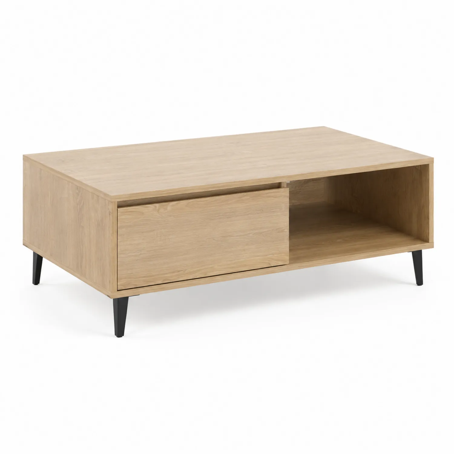 Rechteckiger Couchtisch aus Holz mit Schublade und Metallbeinen