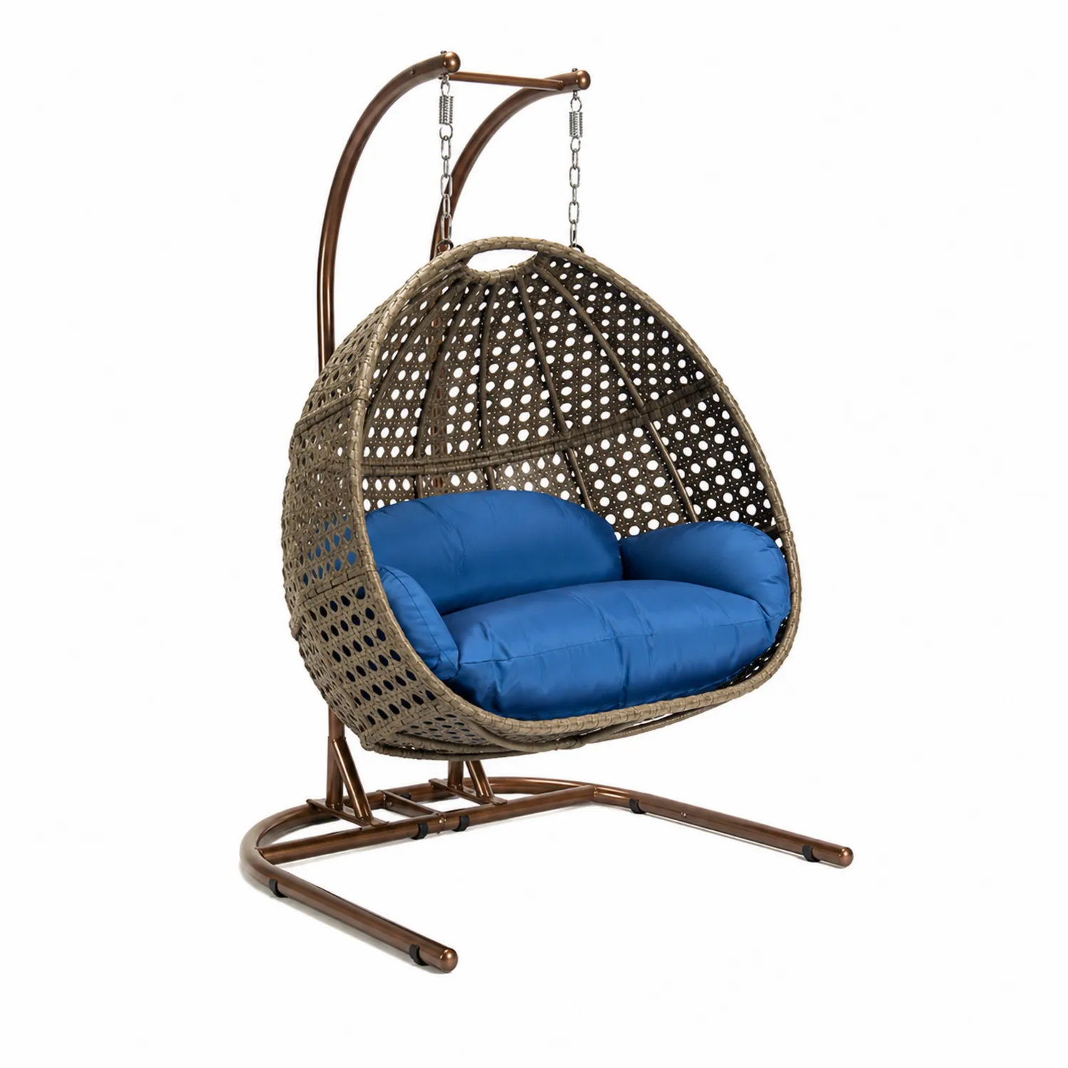 Schaukelstuhl aus Kunstharzgeflecht mit blauem Polster, Metallrahmen