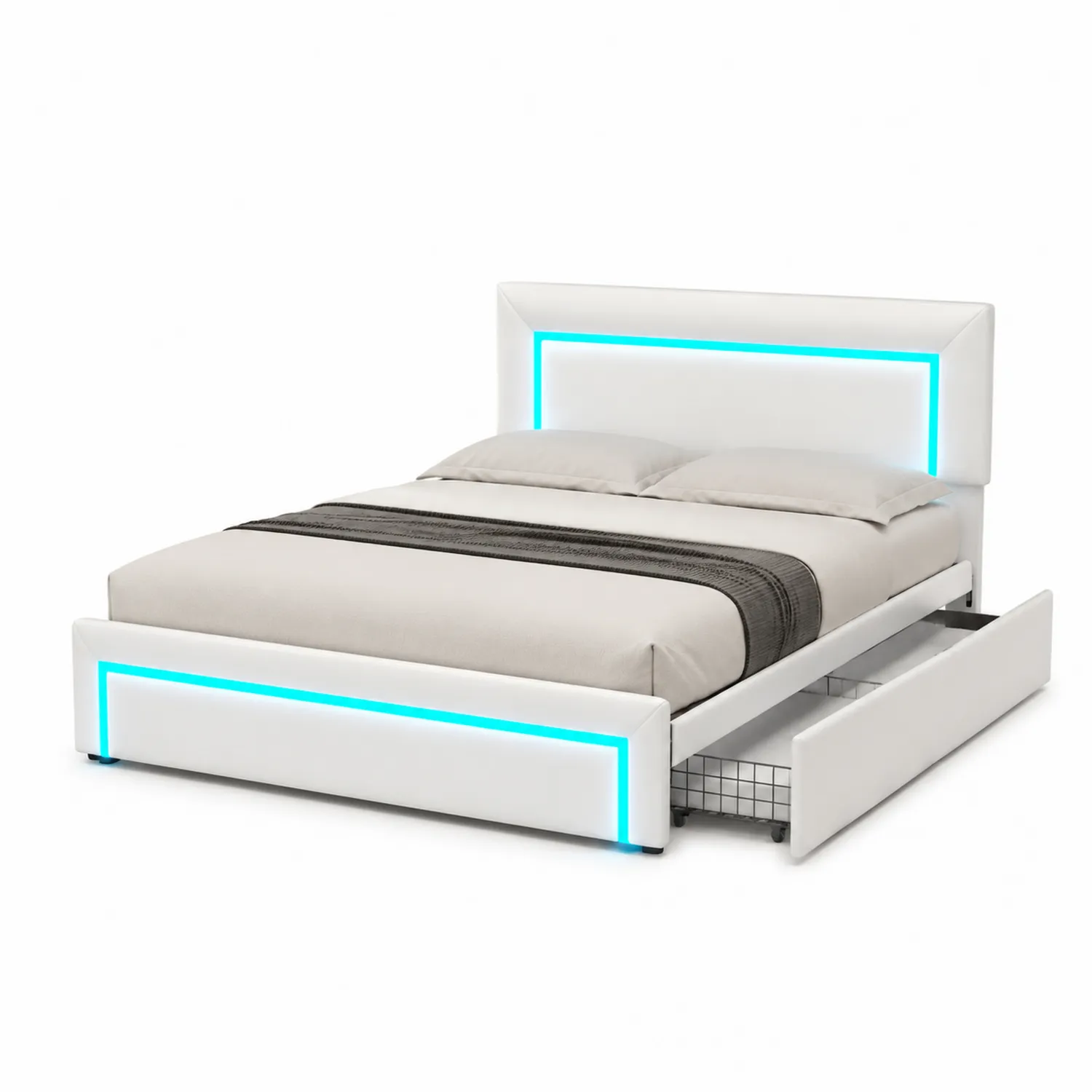 PU-Leder Bett mit LED-Beleuchtung und Stauraum Weiß 200x140 cm