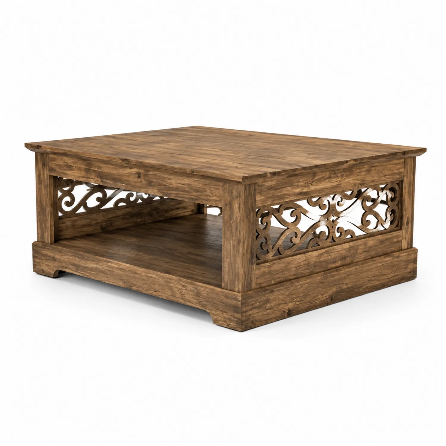 Quadratischer Holztisch mit geschnitztem Design, 100x100x45 cm